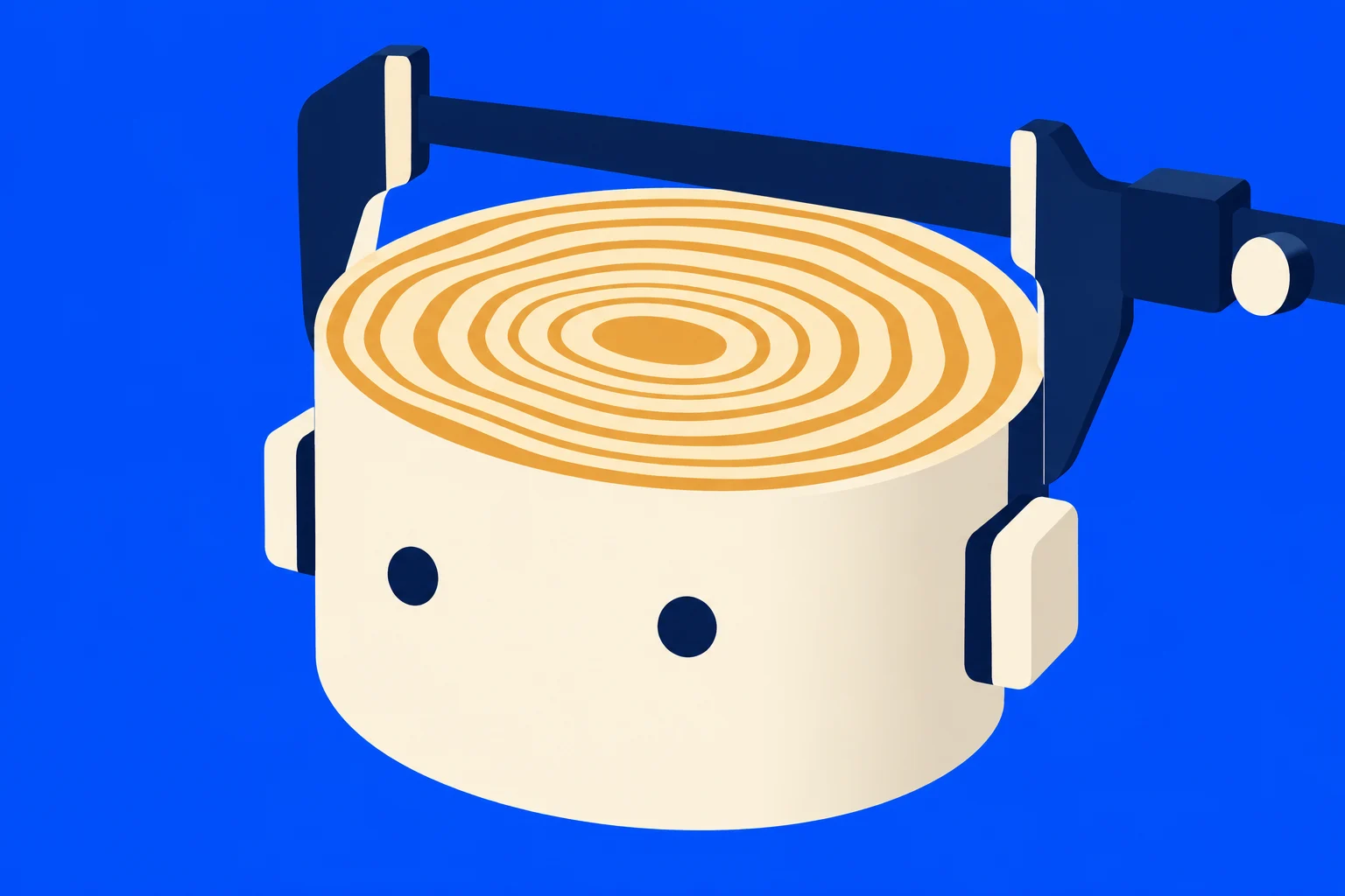 A cream-colored cartoon tree stump with golden growth rings and two dark eyes wears navy headphones against a bright blue background.