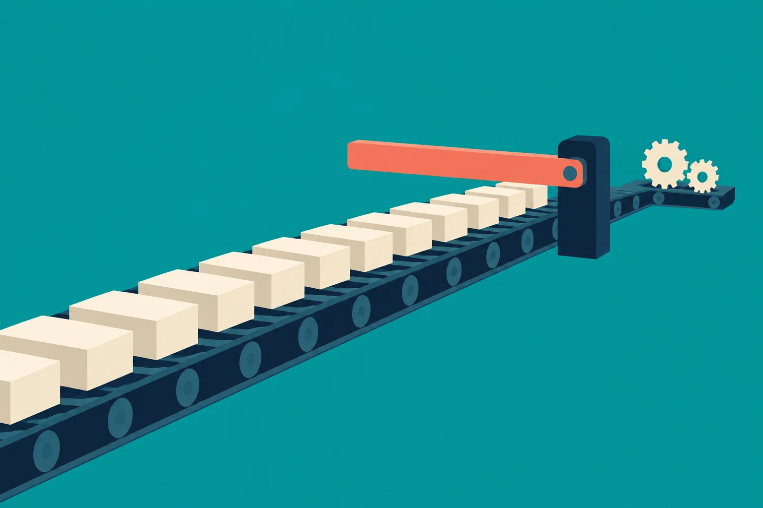 Cream-colored boxes travel along a dark conveyor belt beneath a coral barrier arm, with two cream gears at the far end against a teal background.