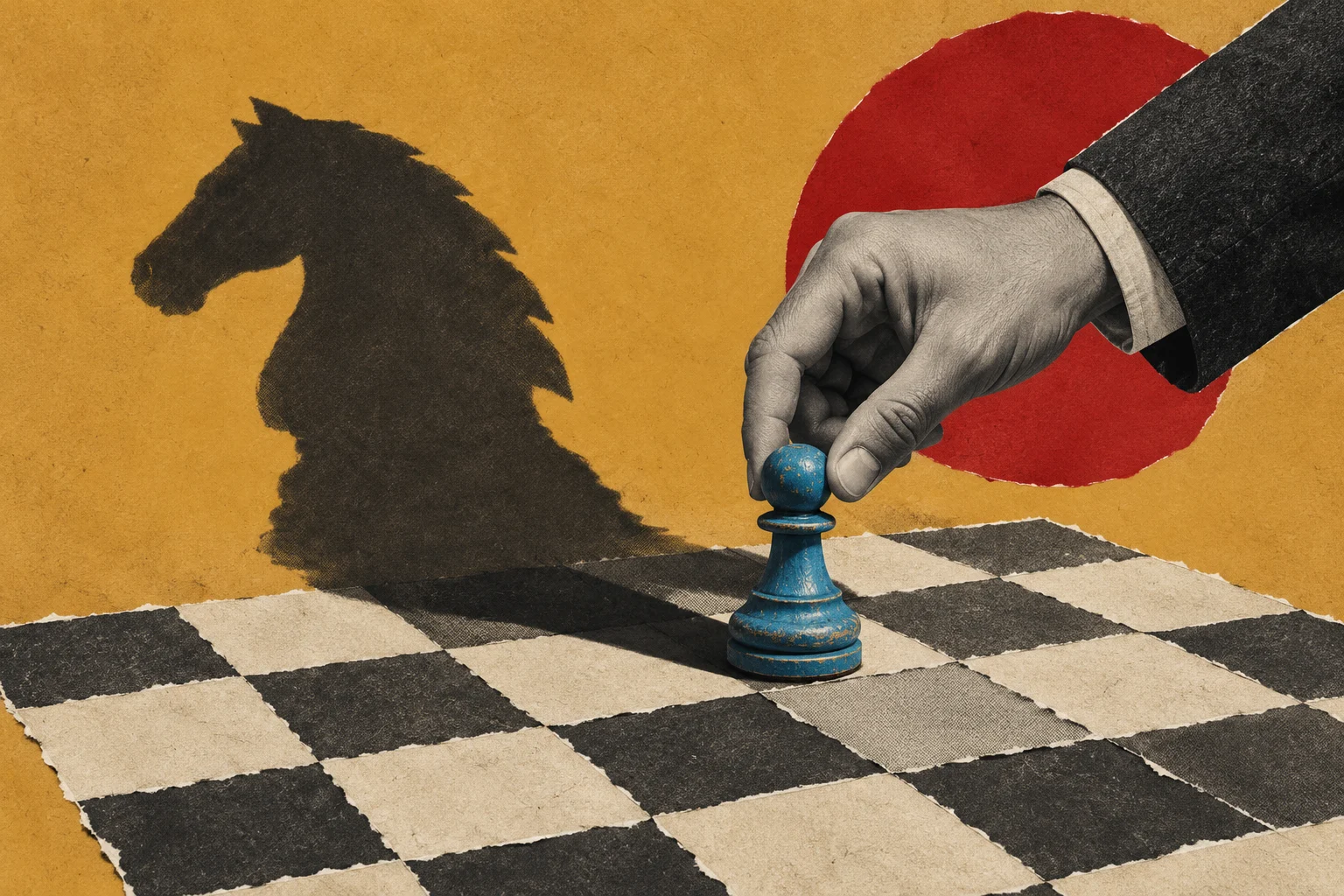 A suited hand moves a blue pawn on a chessboard, casting a large knight-shaped shadow against a textured yellow background with a red circle.