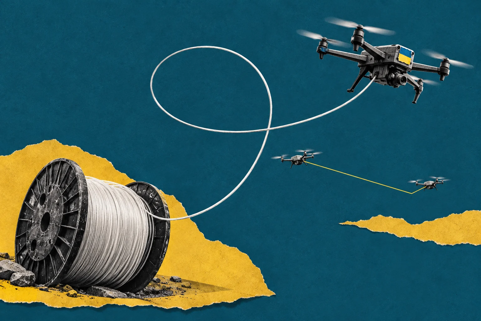 A large cable spool feeds a looping white tether to a drone with a Ukrainian flag, while two smaller drones fly against a teal and yellow background.