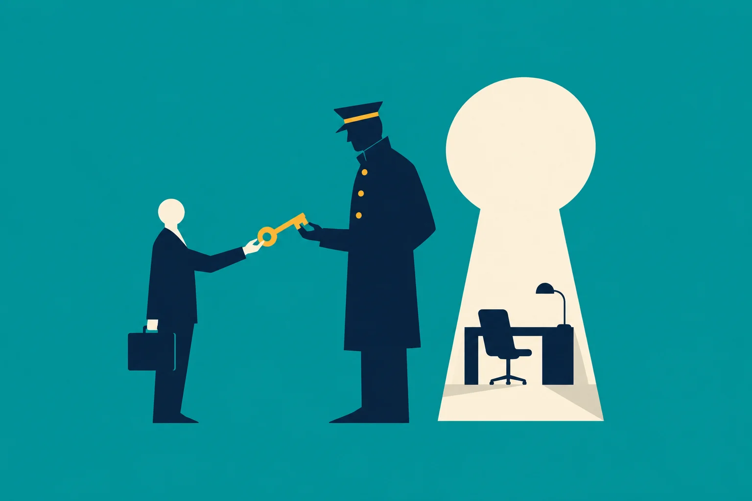 A small businessperson receives a golden key from a large uniformed gatekeeper beside a giant keyhole revealing an office desk and chair.