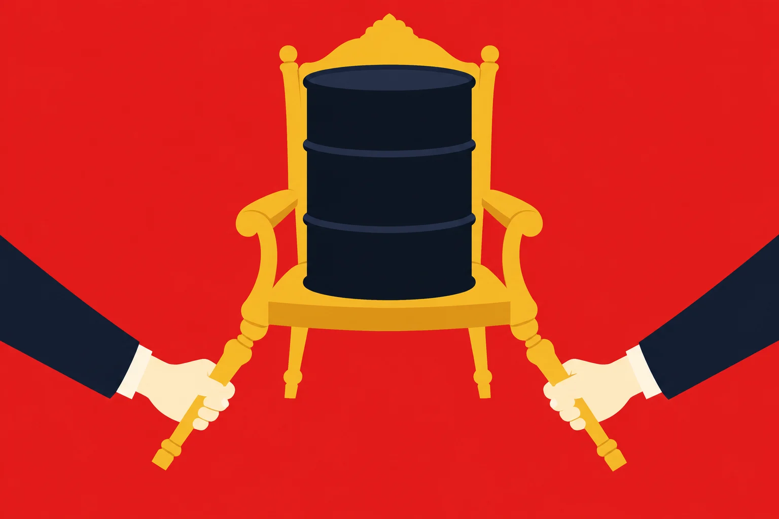 A black oil barrel sits on an ornate golden throne held by two suited hands against a red background.