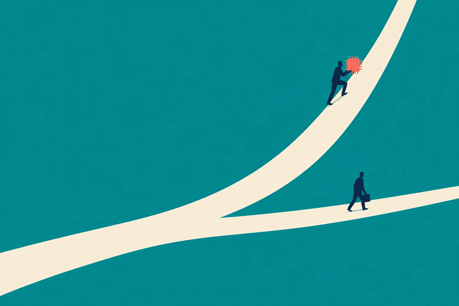 Two businesspeople follow diverging cream paths against a teal background, one climbing a steep curve carrying a coral microchip, the other walking with a briefcase.