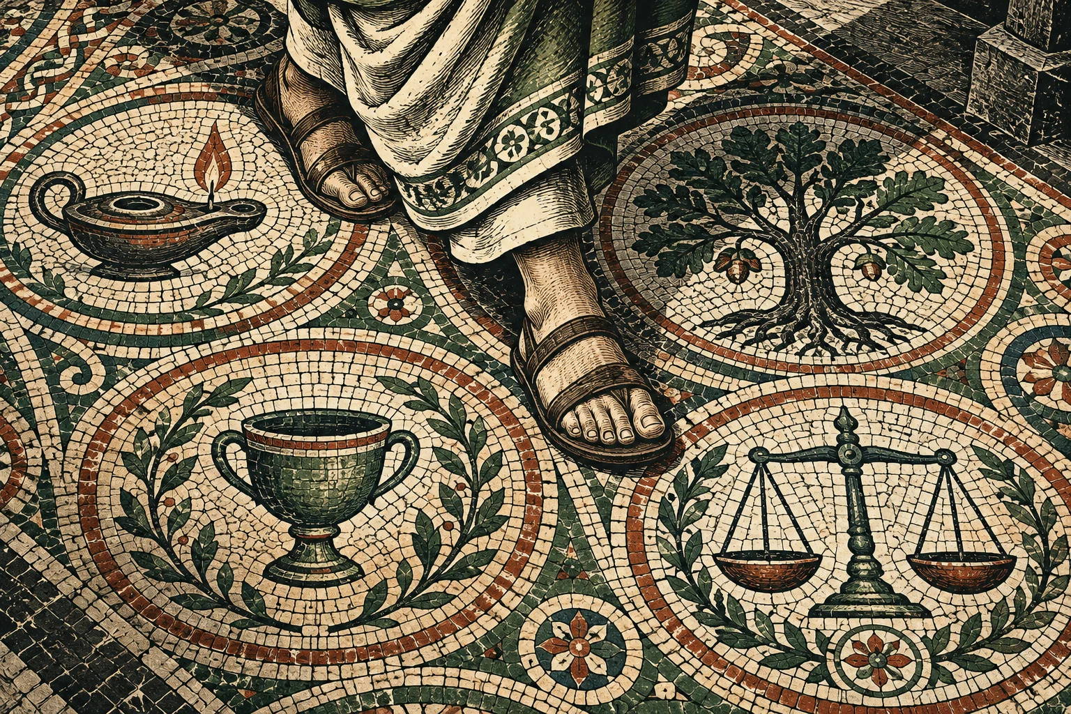 Sandaled feet beneath a draped robe stand on an ornate mosaic floor featuring an oil lamp, oak tree, cup, and balance scales.