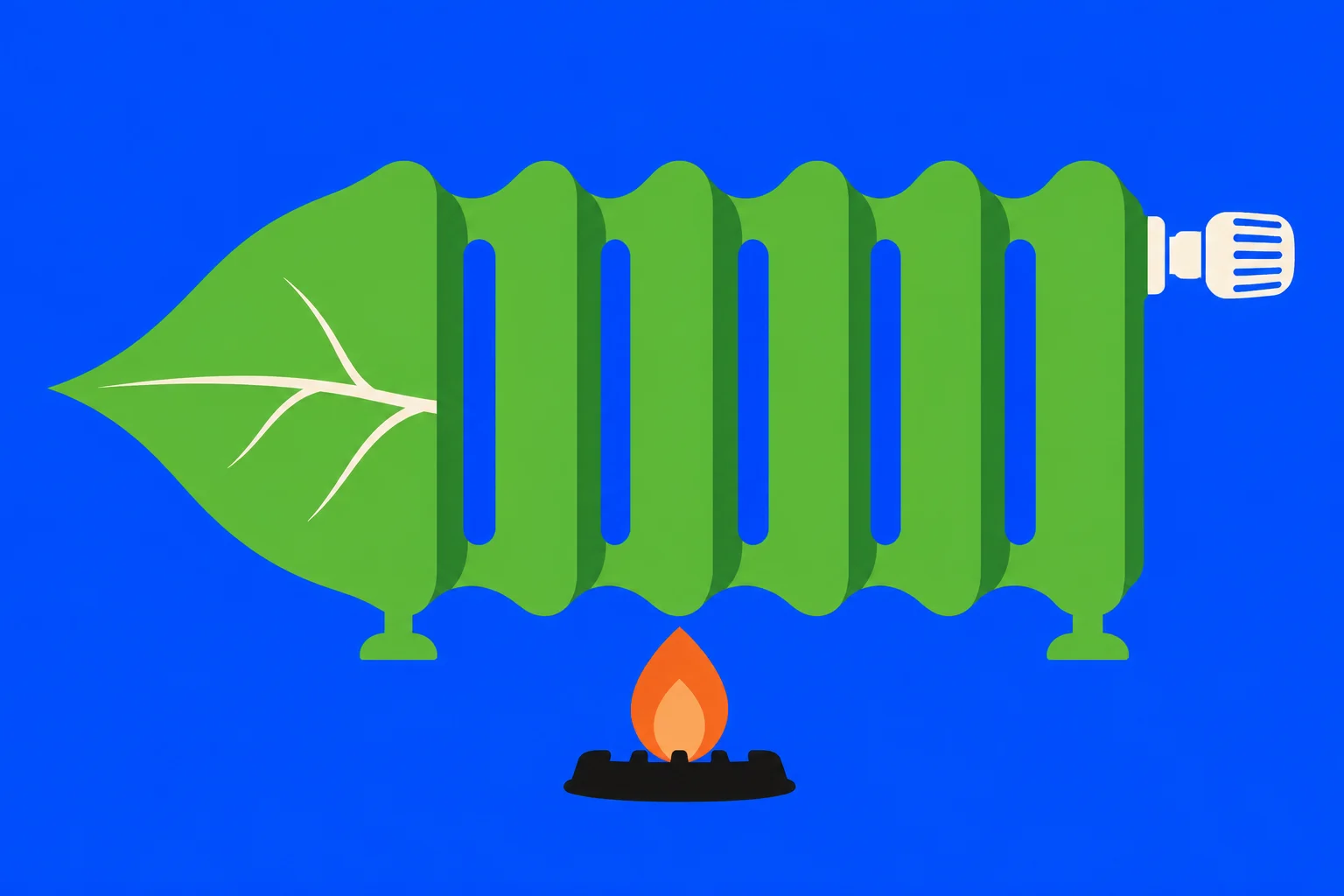 A green radiator shaped like a leaf stands against a blue background, with a white valve on the right and an orange flame beneath it.