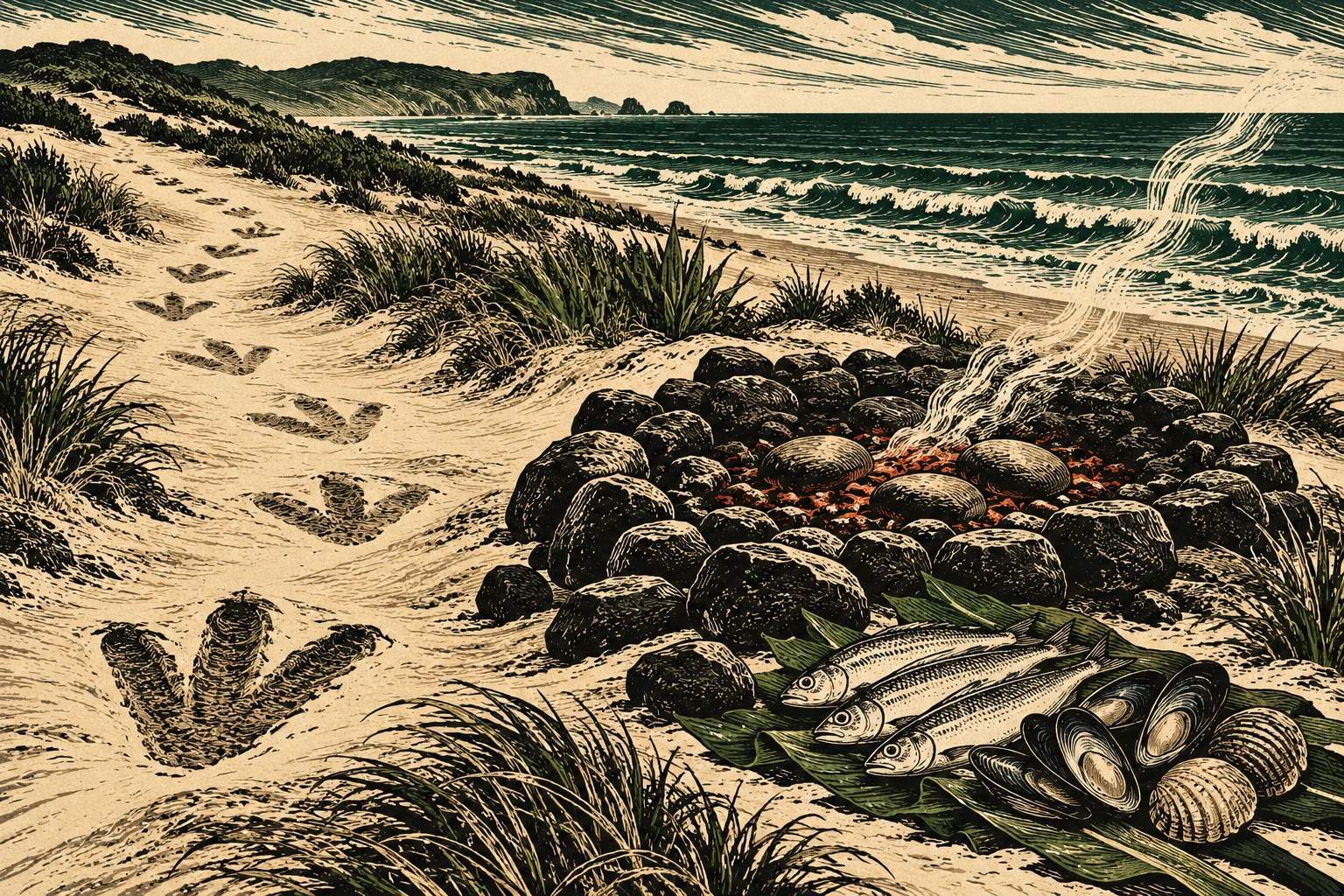 A woodcut-style coastal scene shows large three-toed footprints along a sandy path beside a smoking stone fire pit, with fish and shellfish on leaves.
