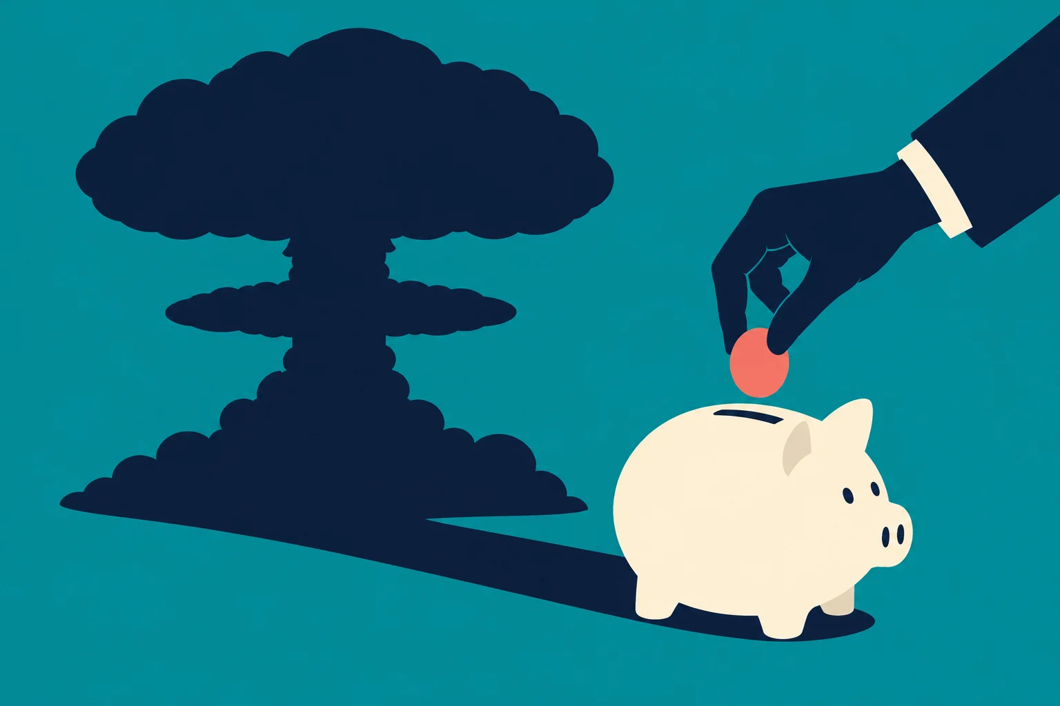A hand drops a coin into a cream-colored piggy bank, which casts a large mushroom cloud shadow against a teal background.