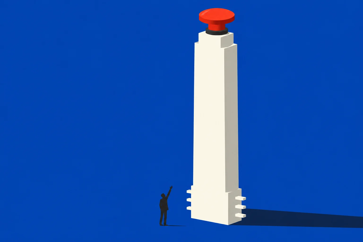 A person reaches toward a giant red push button atop a tall cream-colored pillar against a blue background, with long shadows extending right.