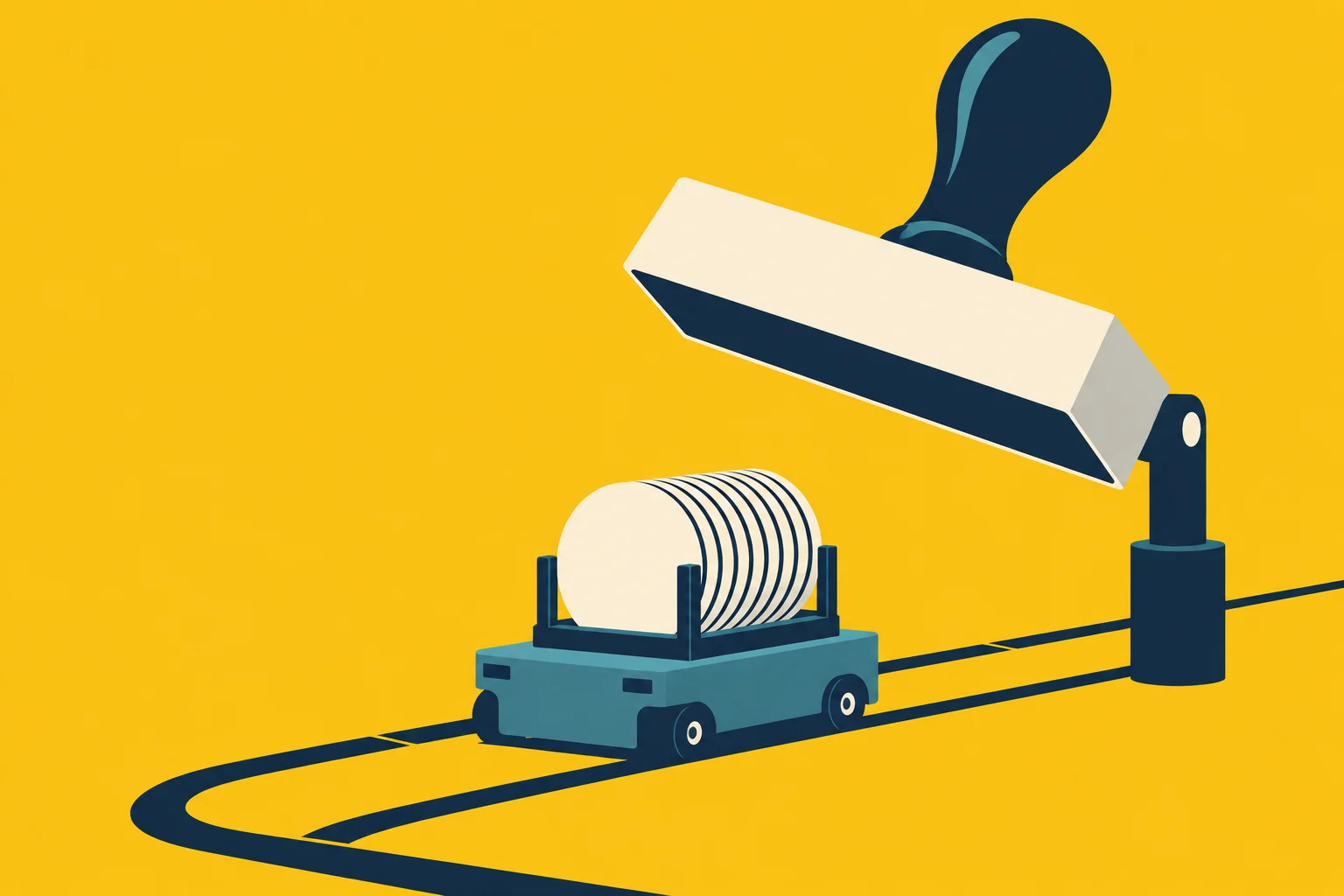A stylized machine carries stacked cream discs along dark tracks beneath a large stamp-like press against a bright yellow background.