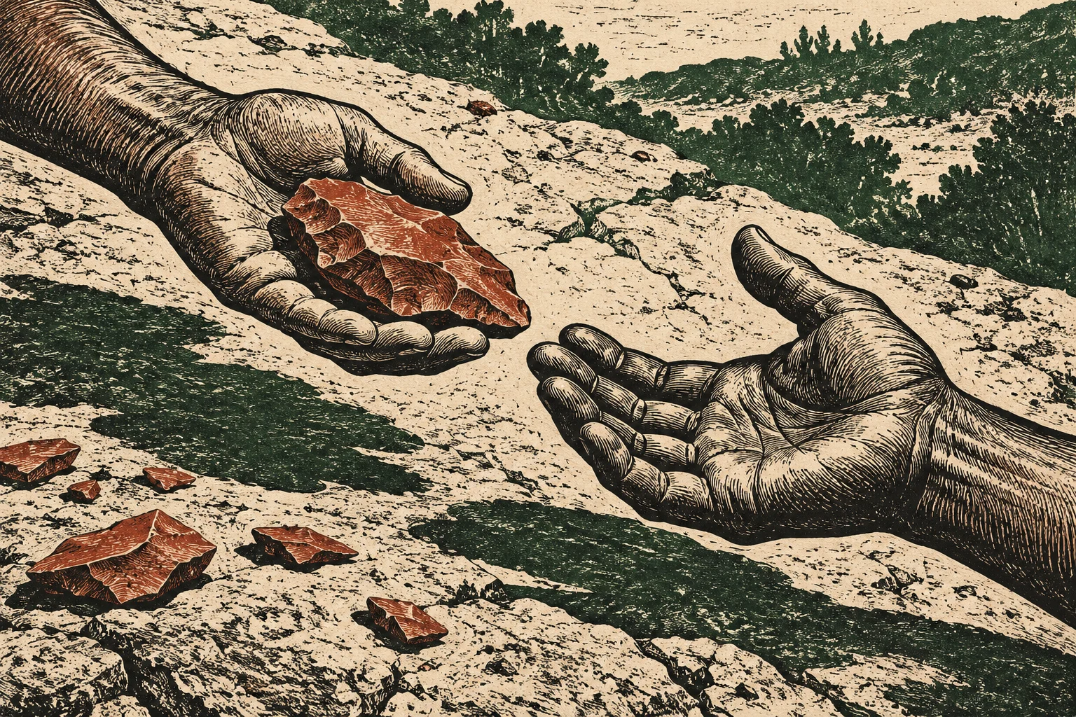 A woodcut-style illustration shows one hand offering a reddish chipped stone tool to another open hand above rocky ground scattered with stone fragments.