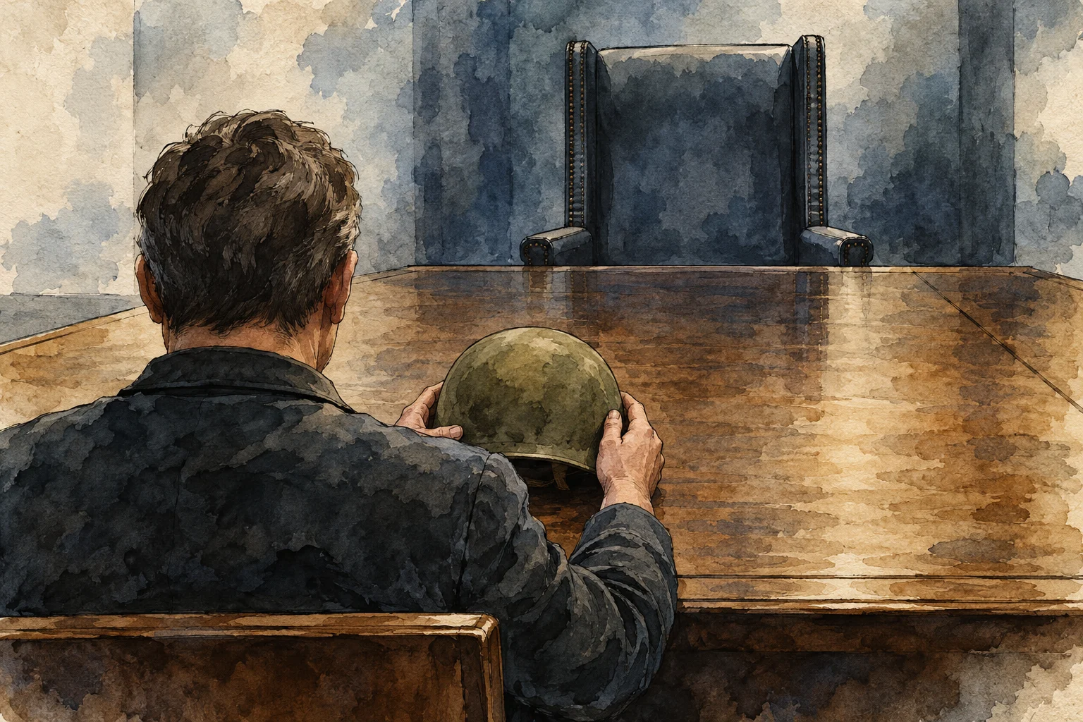 A watercolor shows a man viewed from behind holding a military helmet at a polished wooden table, facing an empty high-backed chair.