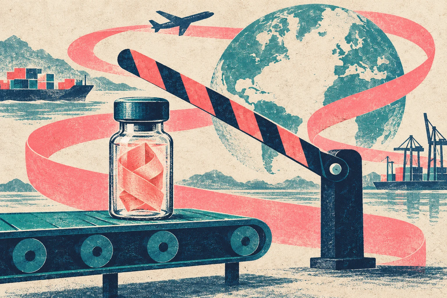 A vaccine vial rides a conveyor beneath a striped barrier, surrounded by a globe, airplane, cargo ships, port cranes, and a winding red ribbon.