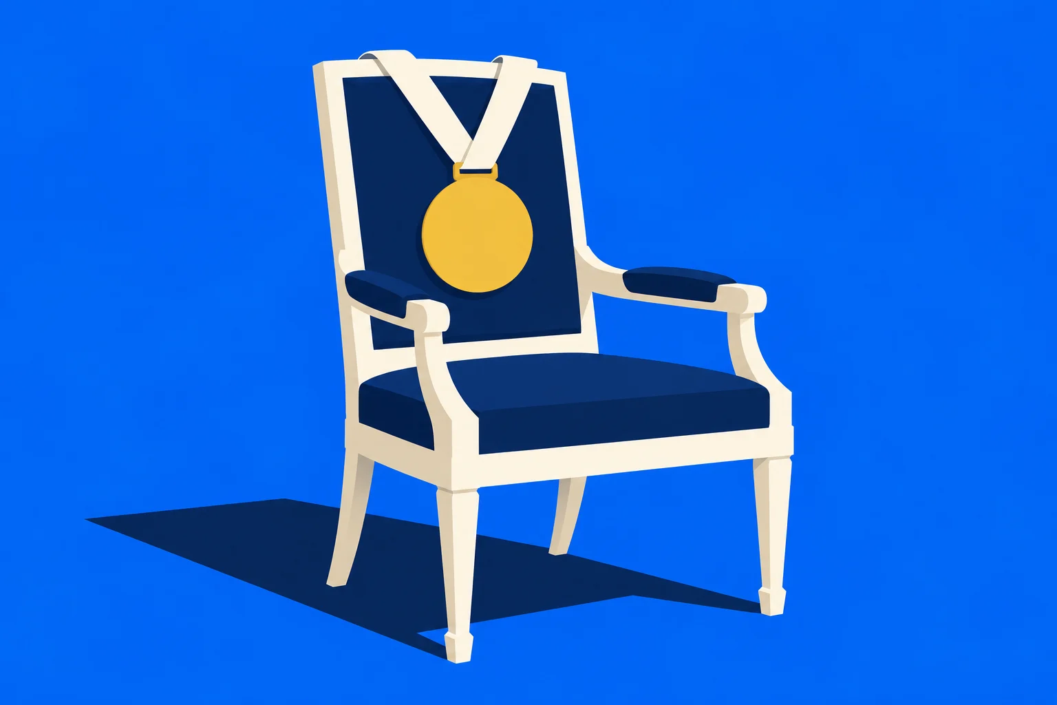 A cream-colored chair with dark blue cushions holds a gold medal on a white ribbon against a bright blue background.