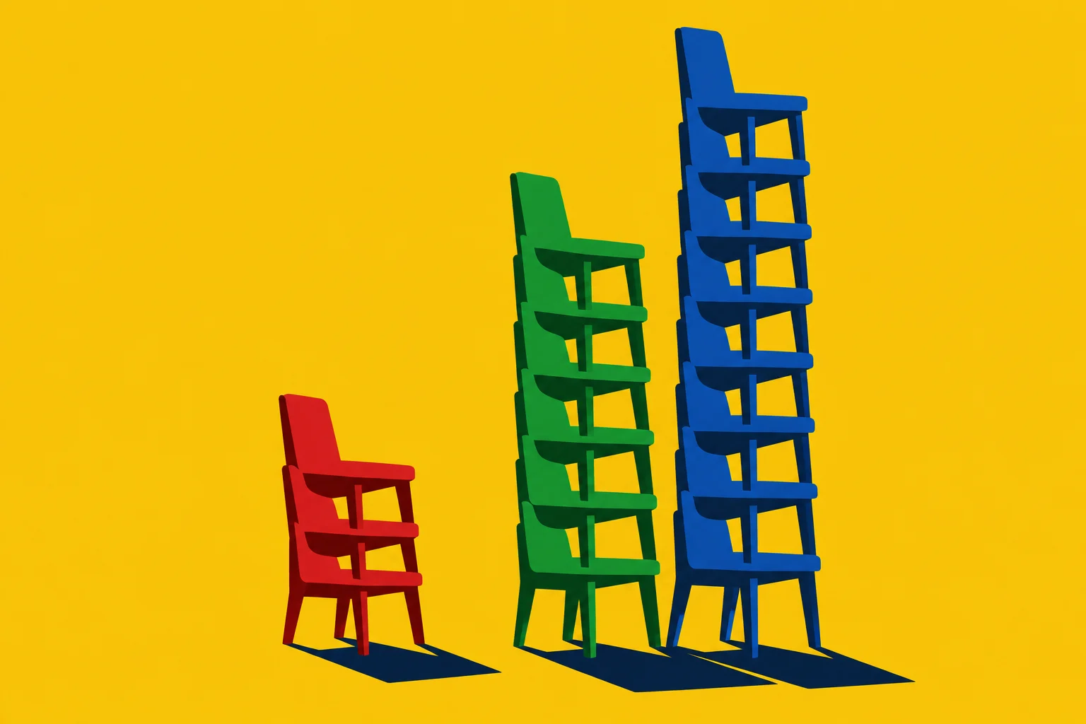 Three stacks of red, green, and blue chairs increase in height from left to right, casting dark shadows on a bright yellow background.