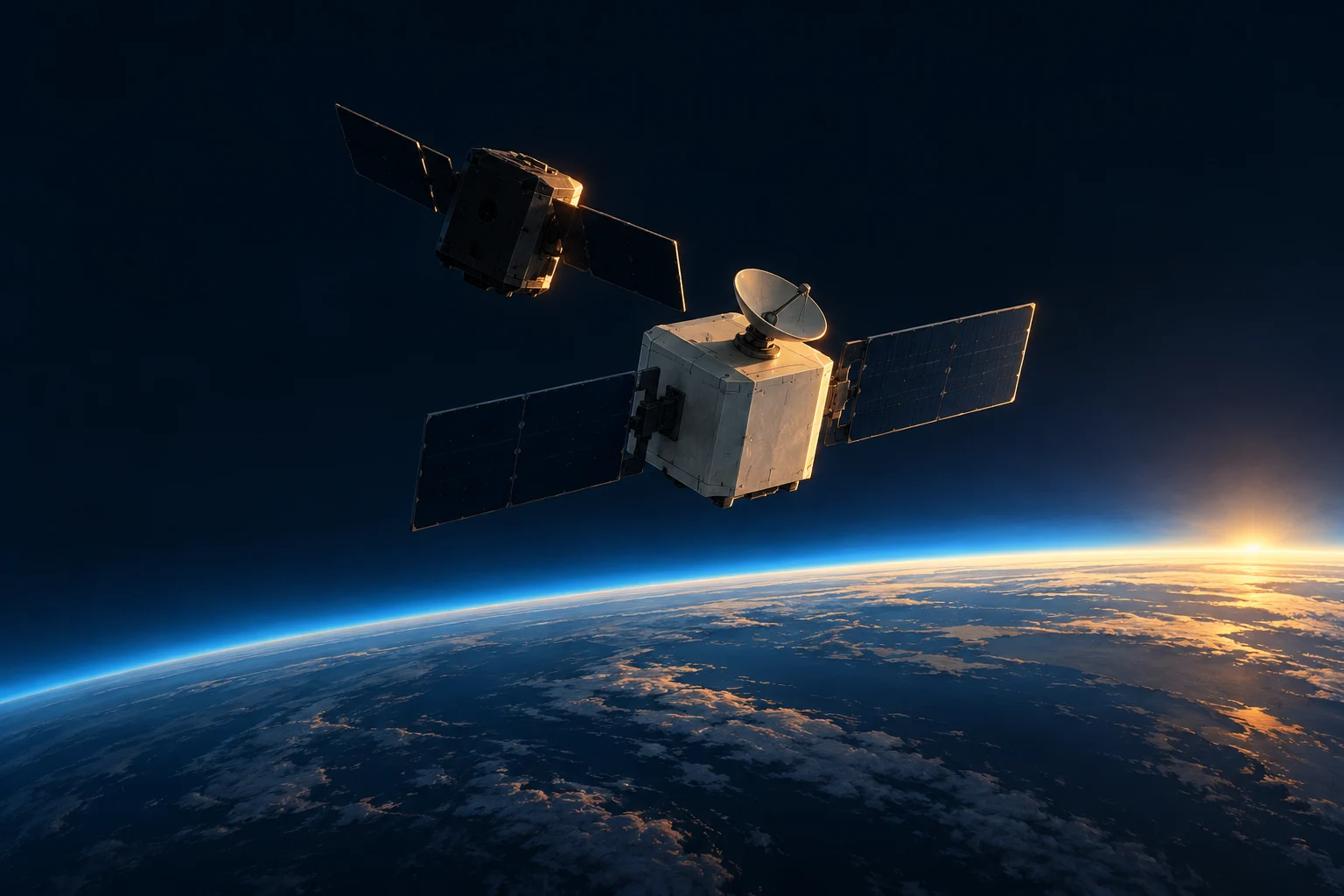 Two satellites with solar panels orbit above Earth's curved, cloud-covered horizon as the sun rises at the edge of space.