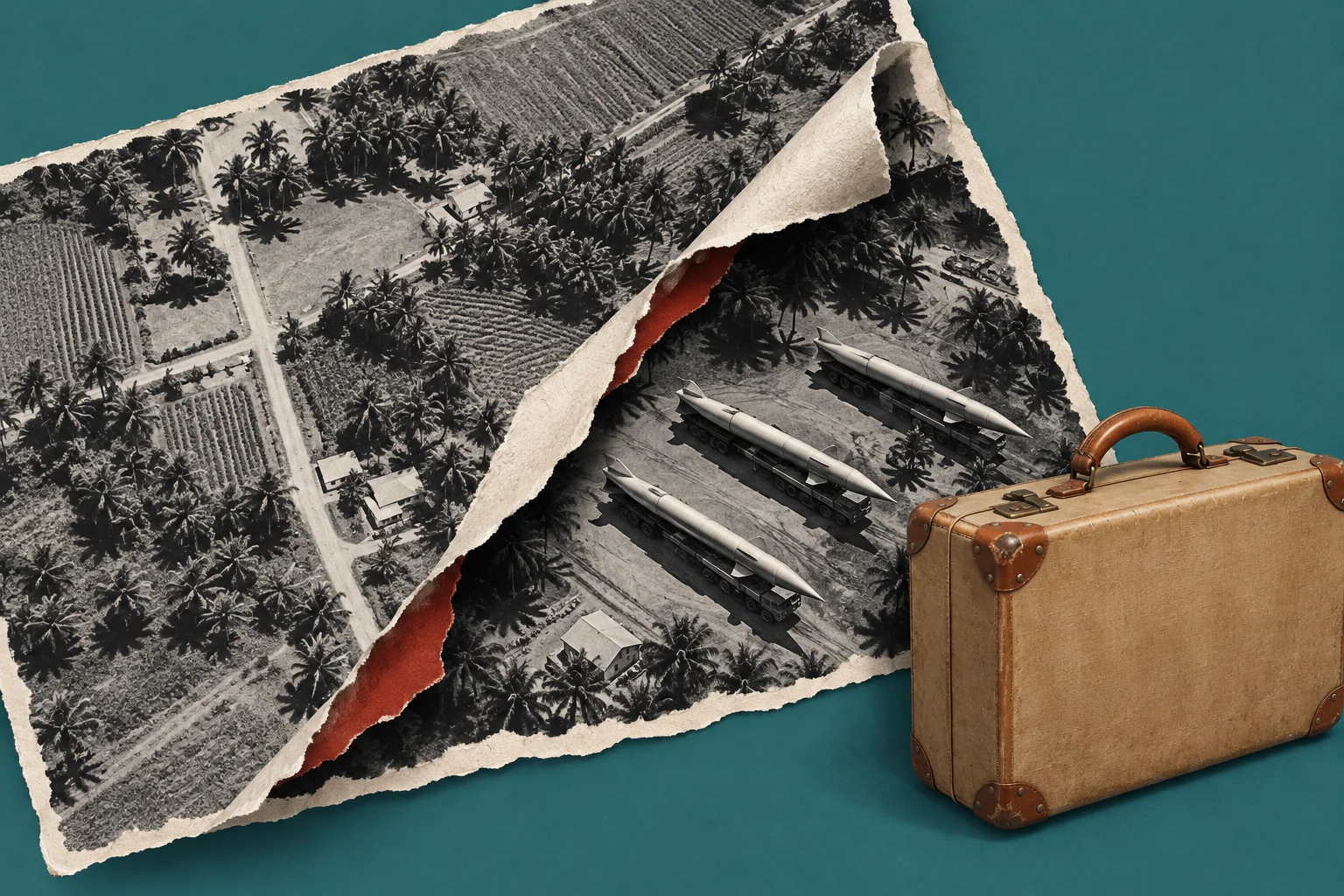A torn black-and-white aerial photograph reveals three missiles on transport trucks among tropical farmland, with a vintage brown suitcase in the foreground against a teal background.
