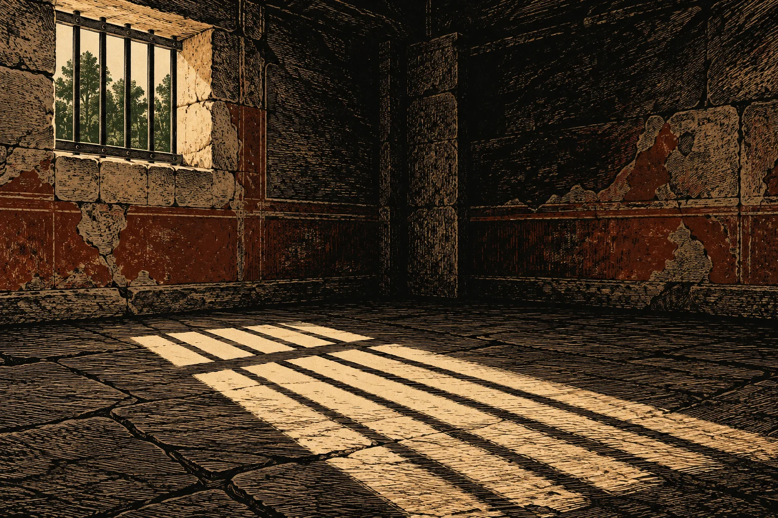 Sunlight streams through a barred window into a dark stone room, casting long striped shadows across the cracked floor in a sepia-toned illustration.