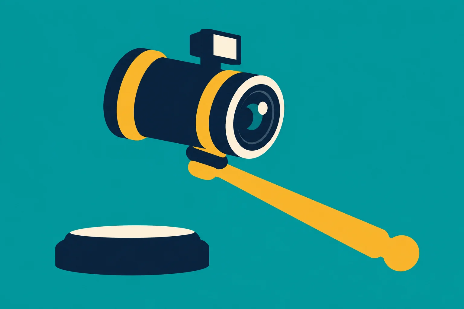A stylized navy and yellow camera mounted on a long yellow handle floats above a navy pedestal against a teal background.