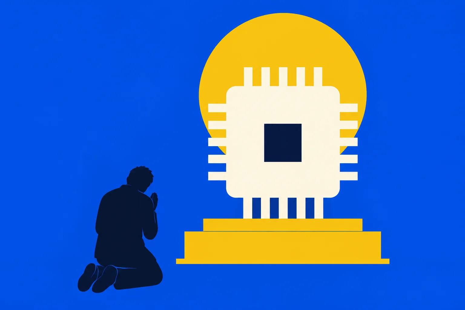 A dark silhouette kneels in prayer before a large white microchip on a golden pedestal, with a yellow circle behind it against a blue background.