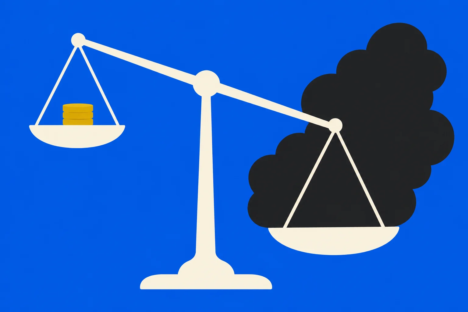 A tilted cream balance scale on a blue background holds three gold coins on its raised left pan and a large black cloud on its lowered right pan.