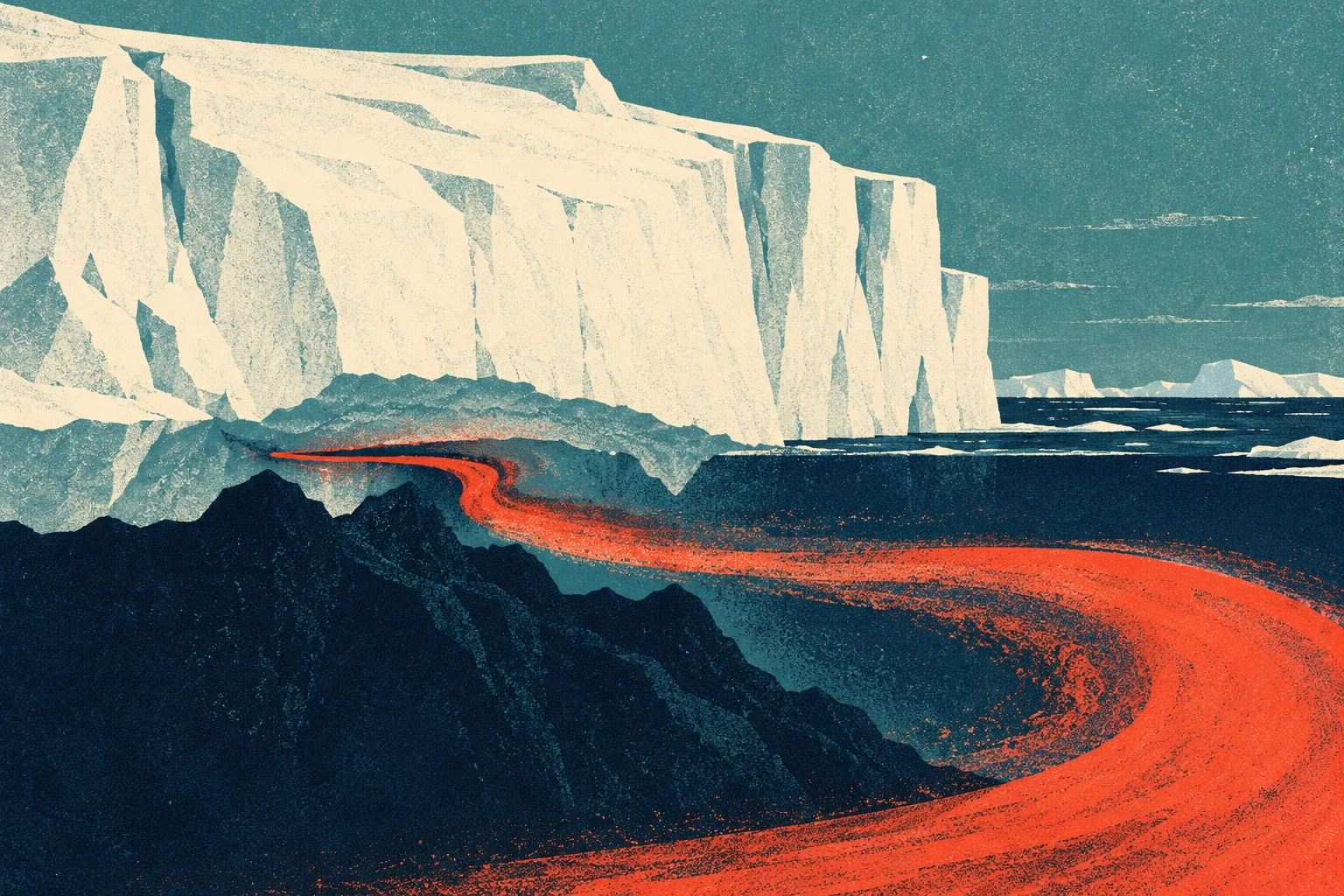 A textured illustration shows a bright orange lava river winding through dark volcanic rocks beside towering white ice cliffs and a dark sea.