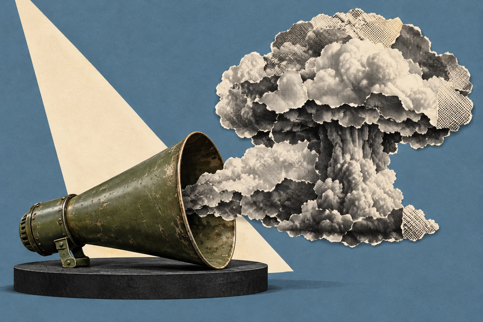 A weathered green megaphone on a black pedestal emits a collaged mushroom cloud against a blue background crossed by a cream spotlight.