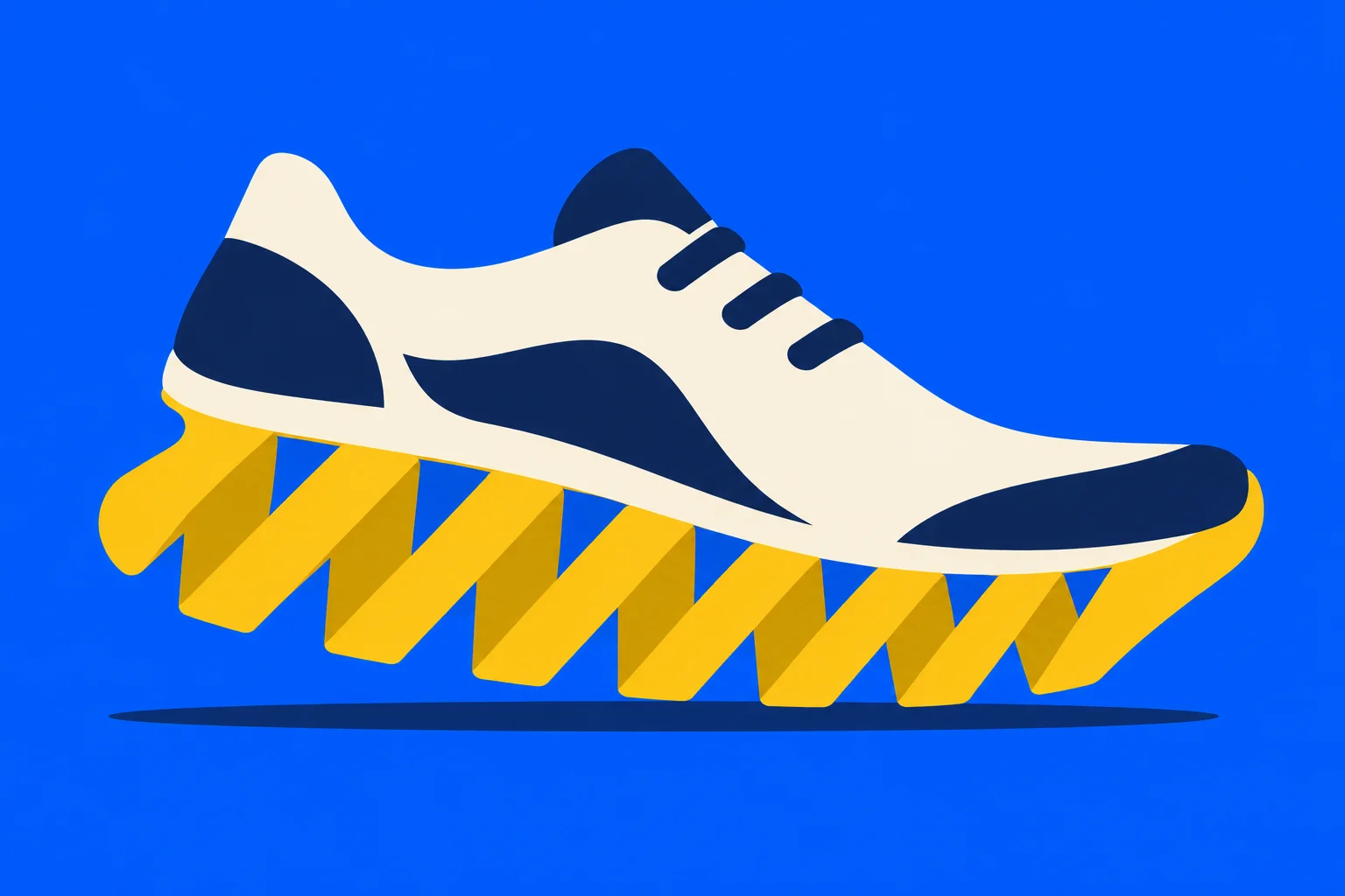 A cream and navy sneaker with a yellow zigzag spring sole floats above a dark shadow against a bright blue background.