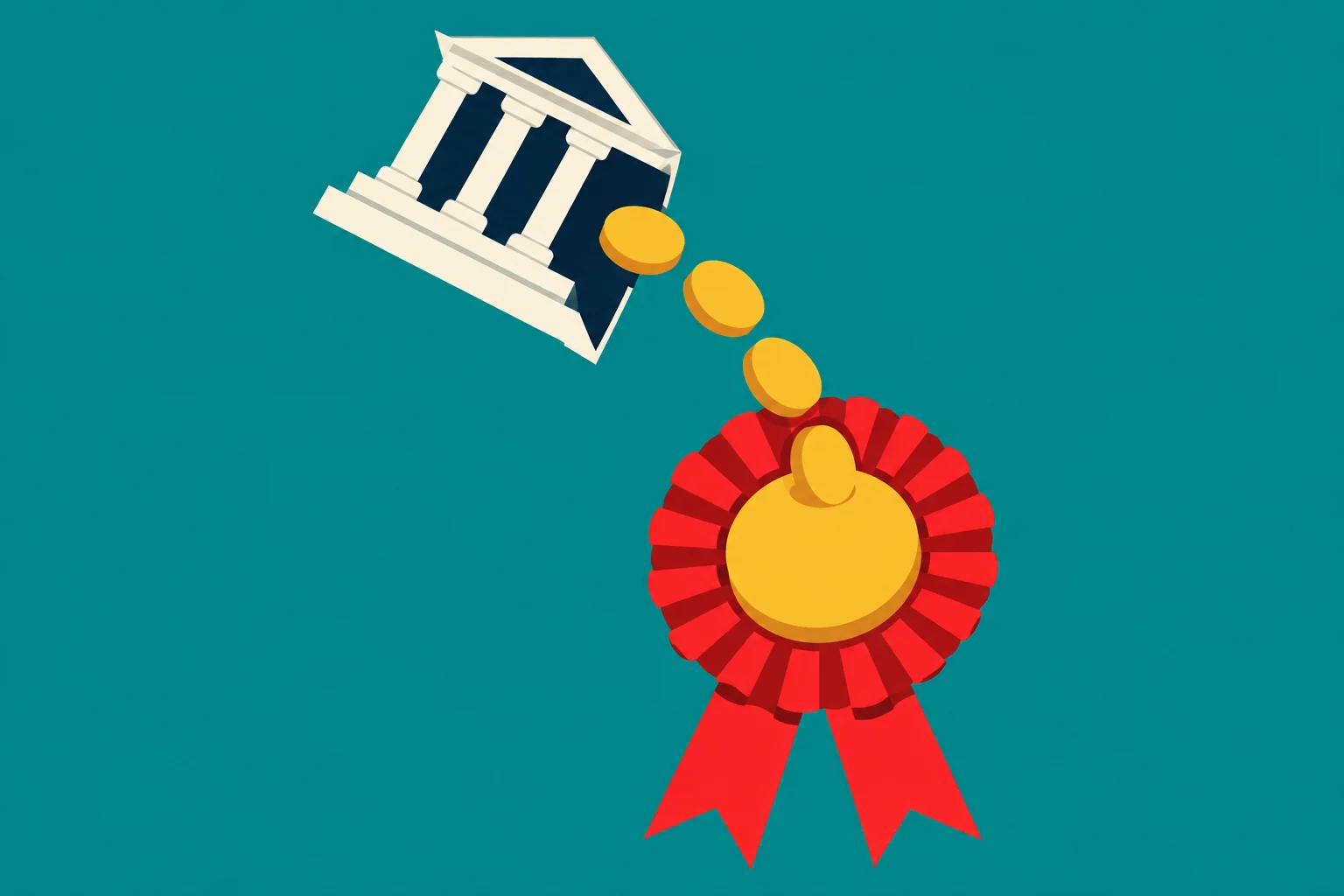 Gold coins fall from a tilted classical bank building toward a red award ribbon with a gold center against a teal background.