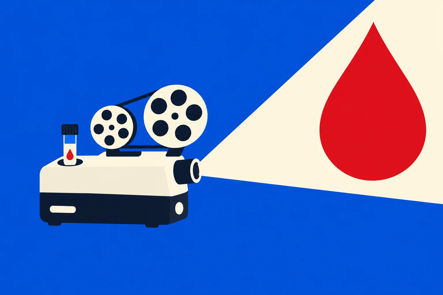 A film projector with two reels and a blood sample vial projects a large red blood drop onto a cream beam against a blue background.
