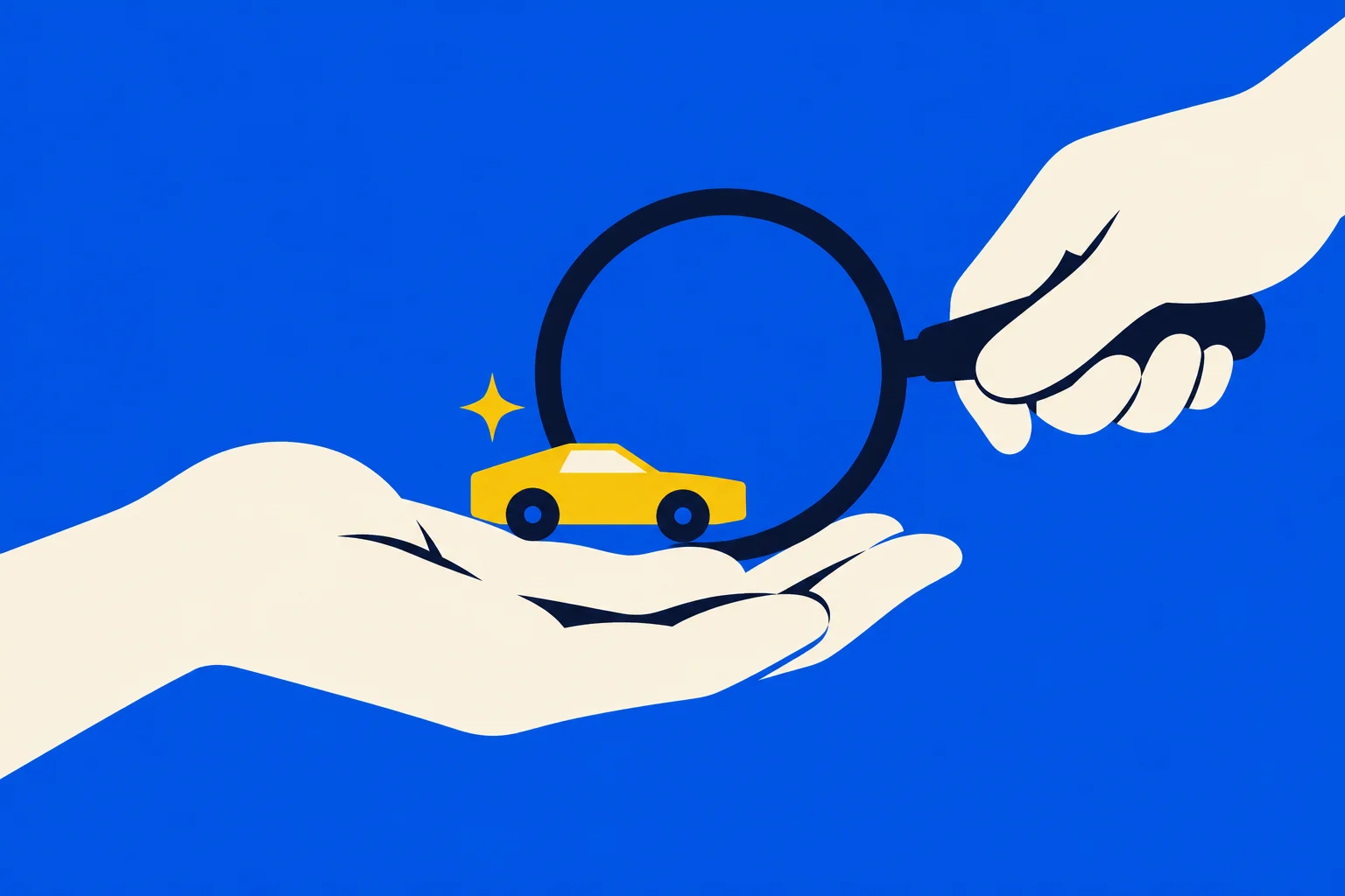 A hand holds a small yellow car while another hand examines it with a magnifying glass against a blue background.