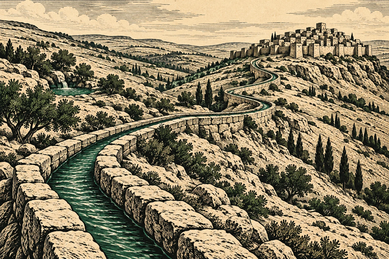 A winding stone water channel crosses rocky hills dotted with trees toward a fortified hilltop town in a vintage engraving.