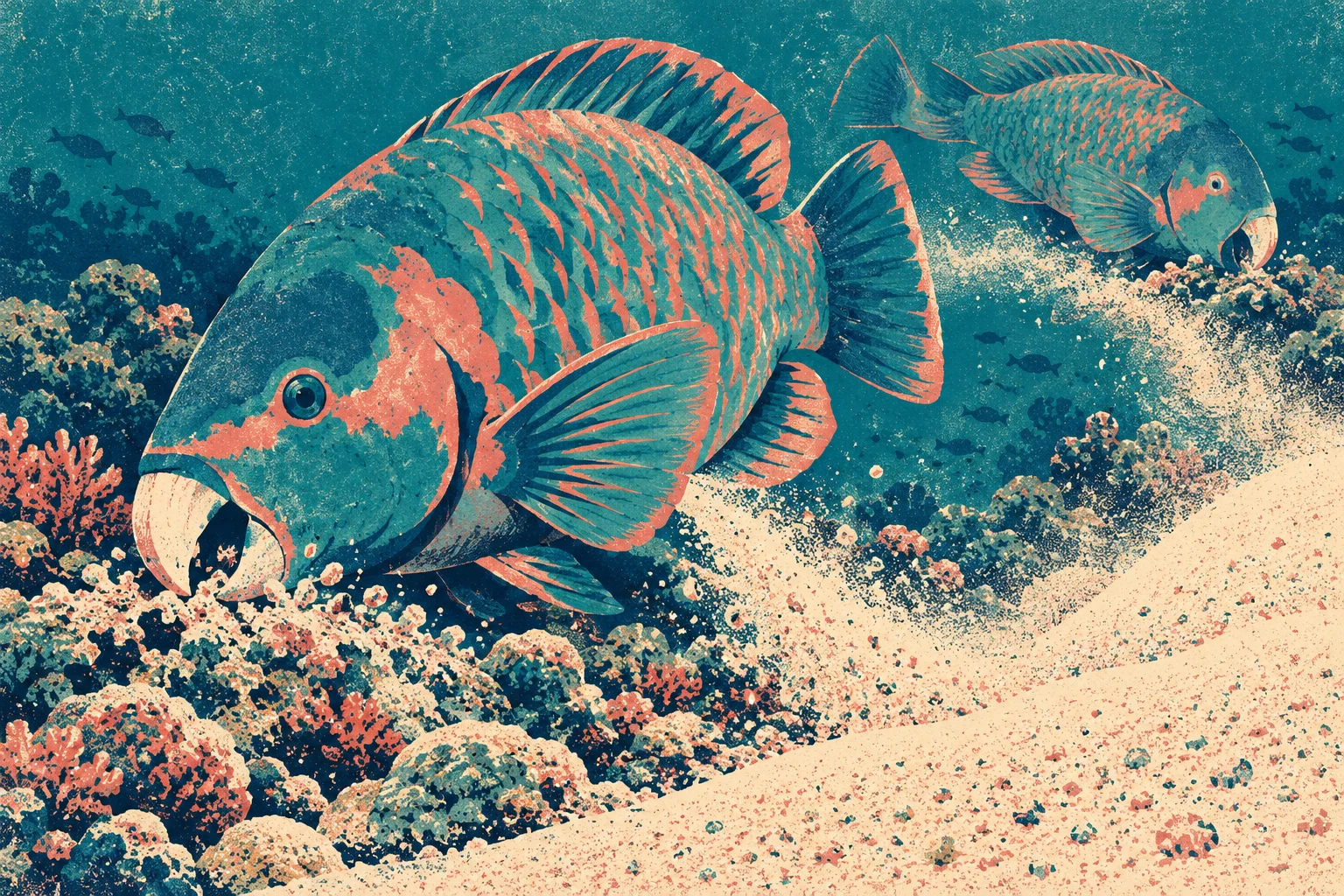 Two teal and coral parrotfish swim above a textured coral reef, with the larger foreground fish biting coral beside a sandy seabed.