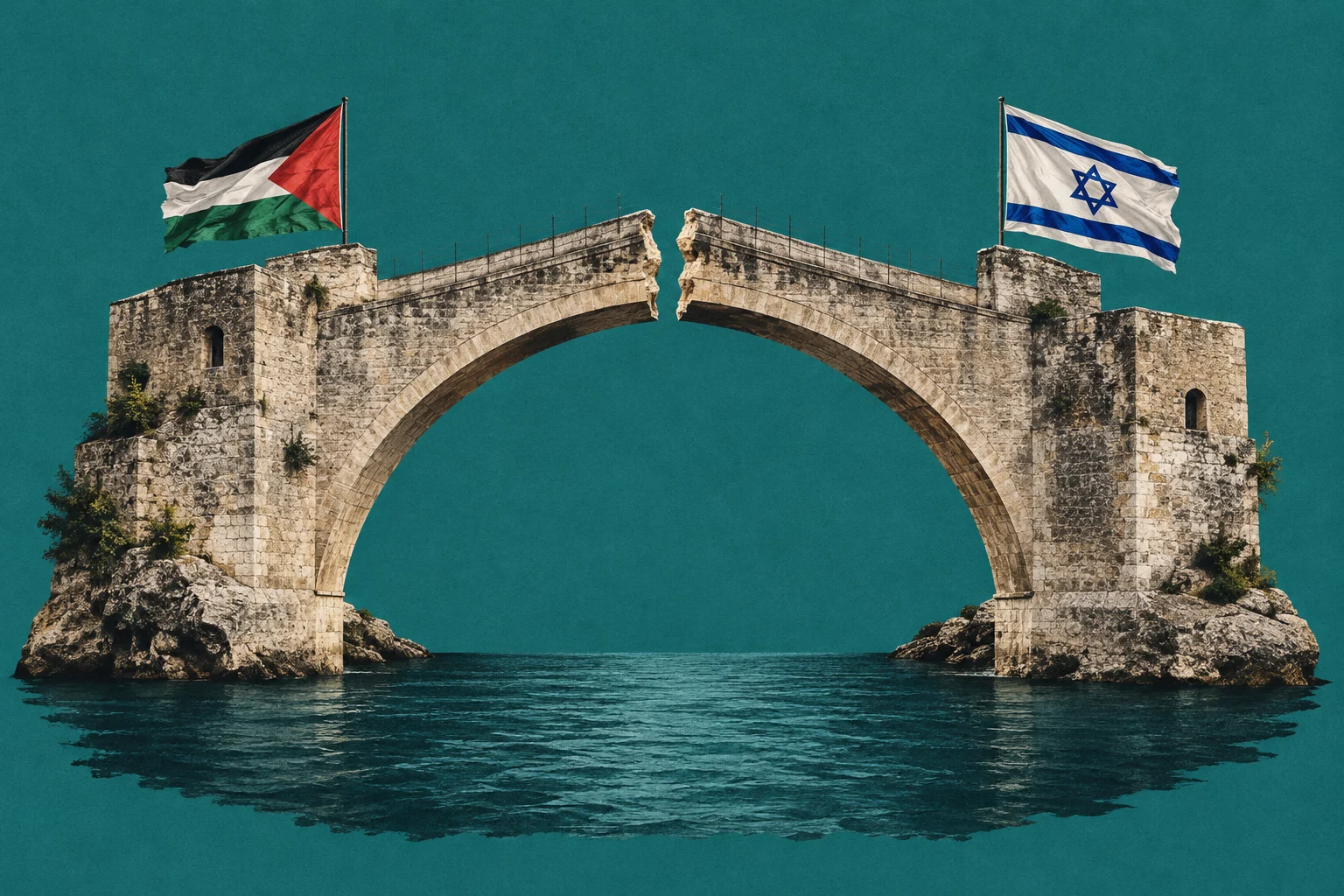 A stone arch bridge broken at its center spans water, with a Palestinian flag on the left and an Israeli flag on the right against a teal background.