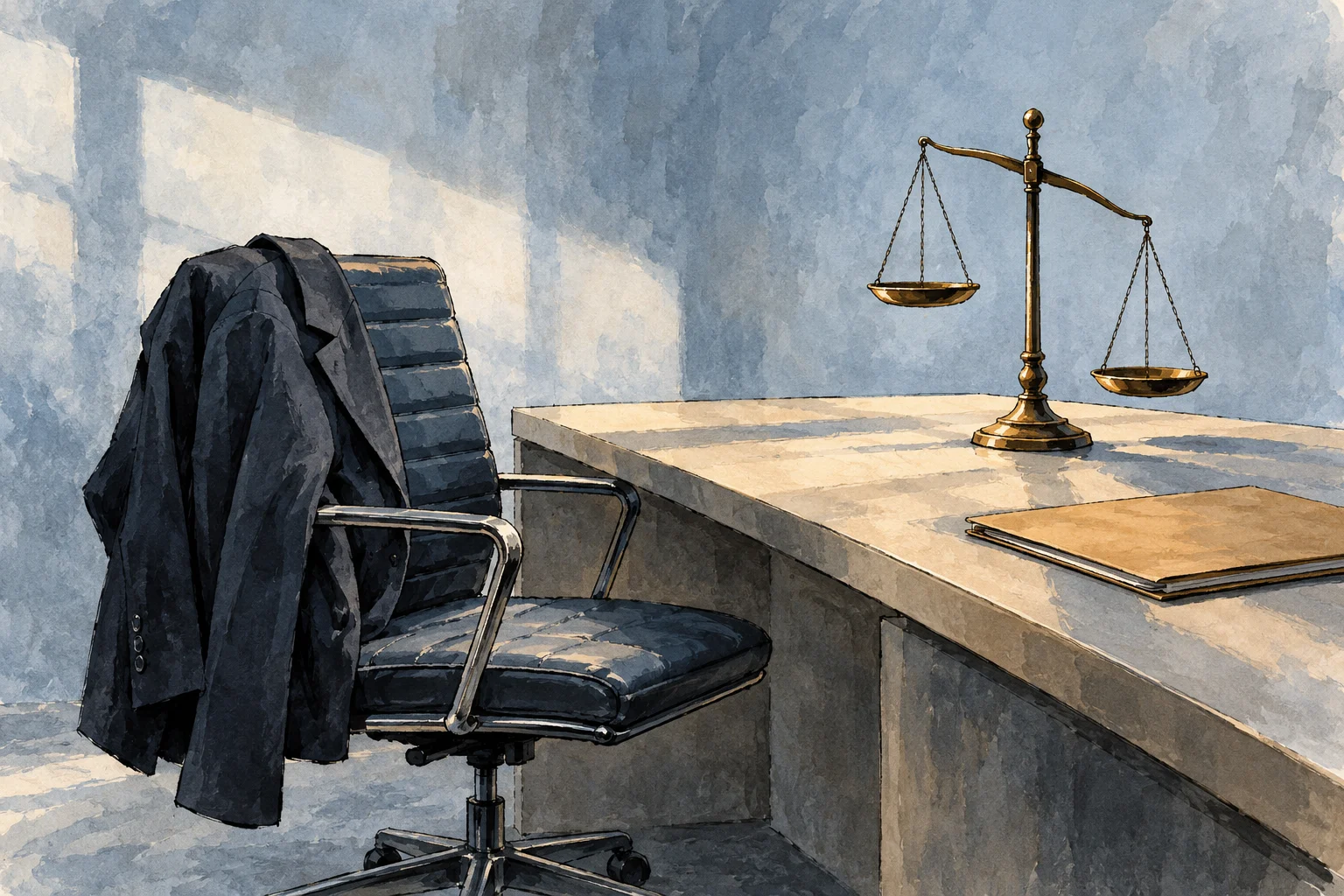 A dark suit jacket hangs over an office chair beside a desk holding a brass balance scale and a closed folder in a sunlit room.