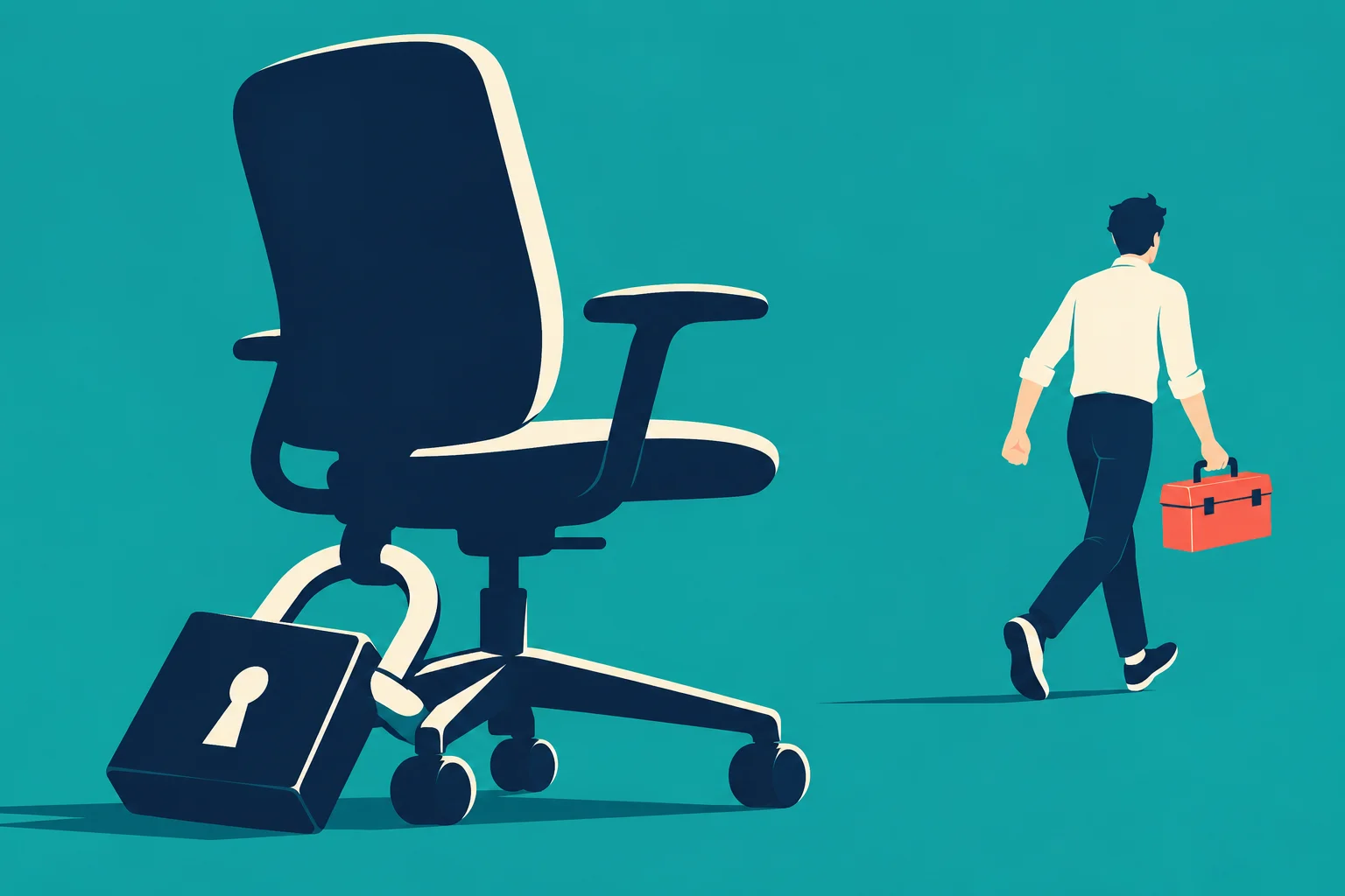 A large office chair stands beside a padlock while a man carrying a red toolbox walks away against a teal background.