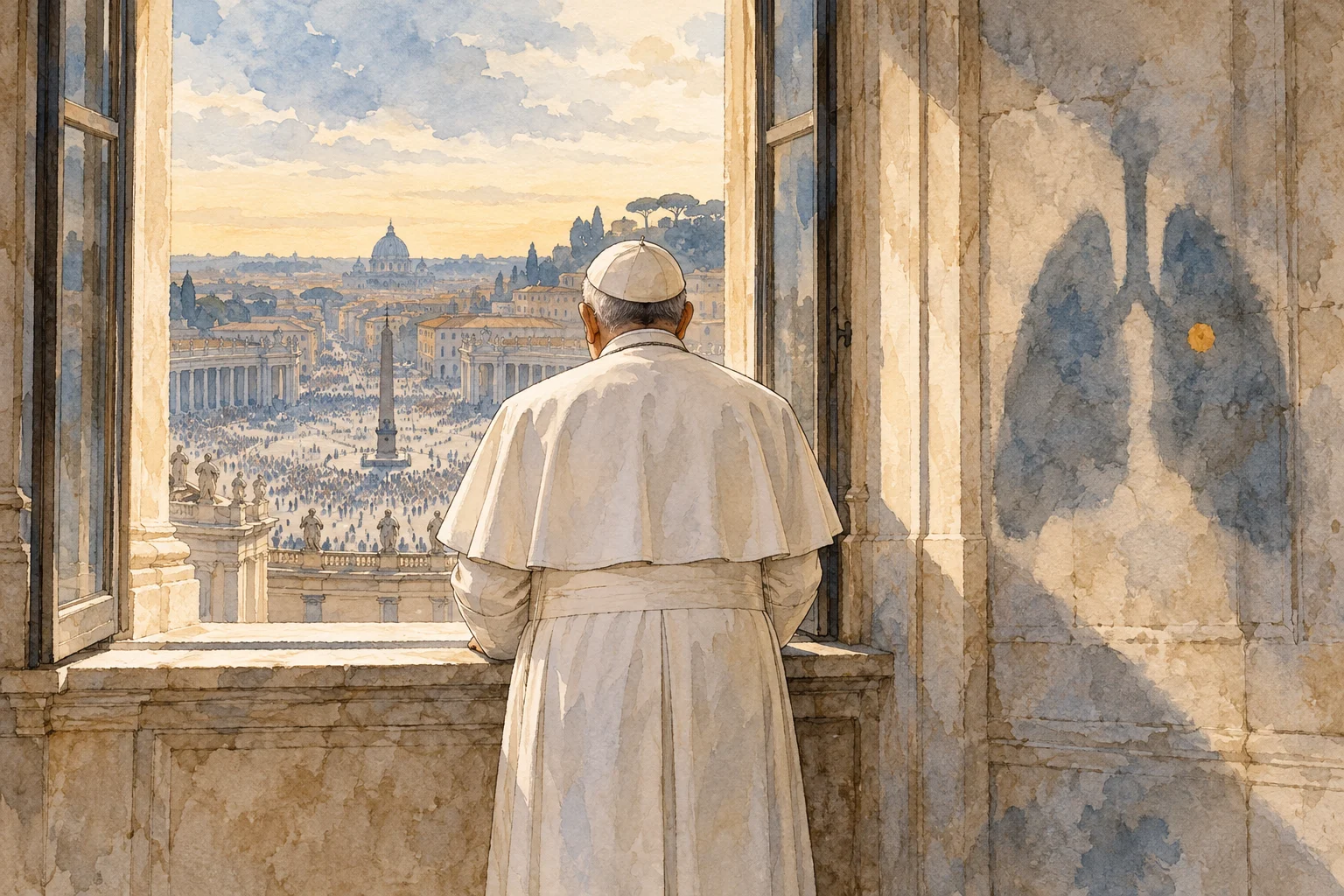 A watercolor shows a pope from behind at an open Vatican window overlooking a crowded St. Peter’s Square, with an angel-shaped shadow on the wall.