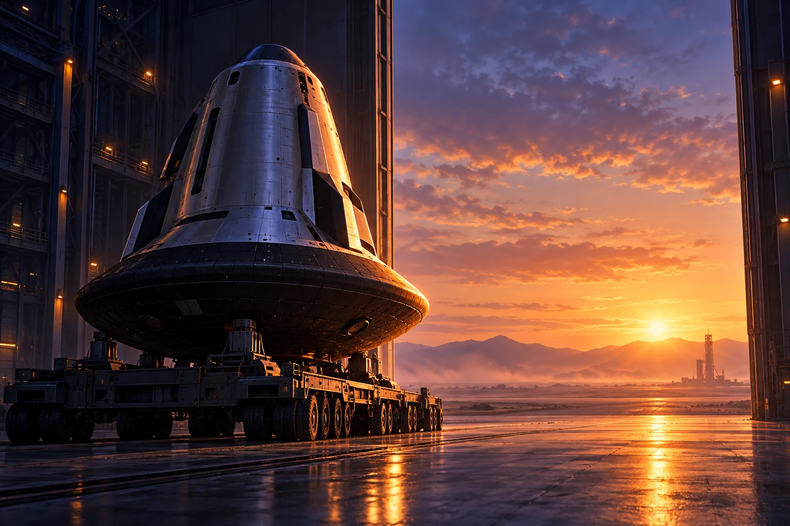 A metallic spacecraft rests on a wheeled transporter inside a vast hangar, with an orange sunset, distant mountains, and a launch tower outside.
