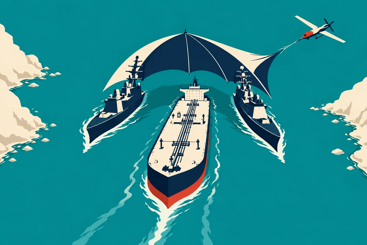 A tanker flanked by two warships sails between rocky shores beneath a giant umbrella canopy, with a helicopter flying nearby.