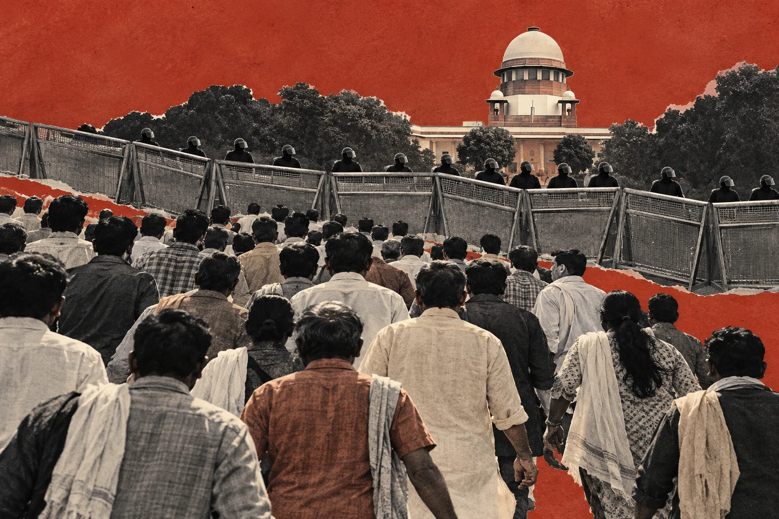 A crowd approaches metal barricades guarded by helmeted police, with India’s Supreme Court building behind trees against a textured red background.