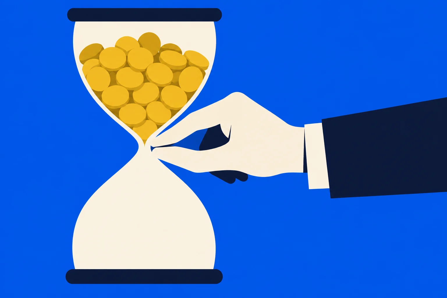 A hand pinches the narrow center of an hourglass filled with gold coins in its upper chamber against a bright blue background.