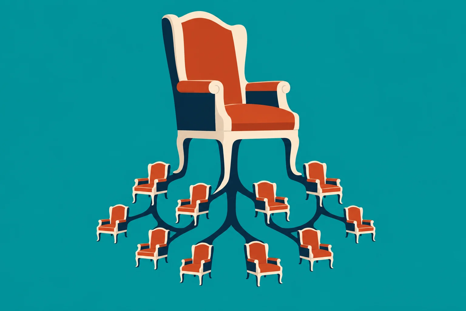 A large orange and cream throne branches through dark blue supports into ten smaller matching chairs against a teal background.
