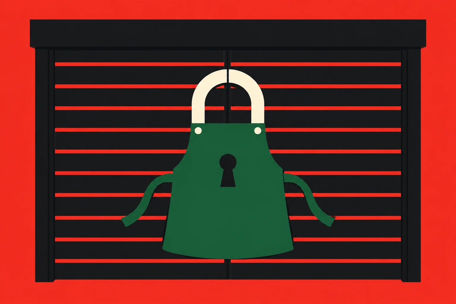 A green apron shaped like a padlock, with a cream shackle and black keyhole, hangs against black horizontal slats on a bright red background.