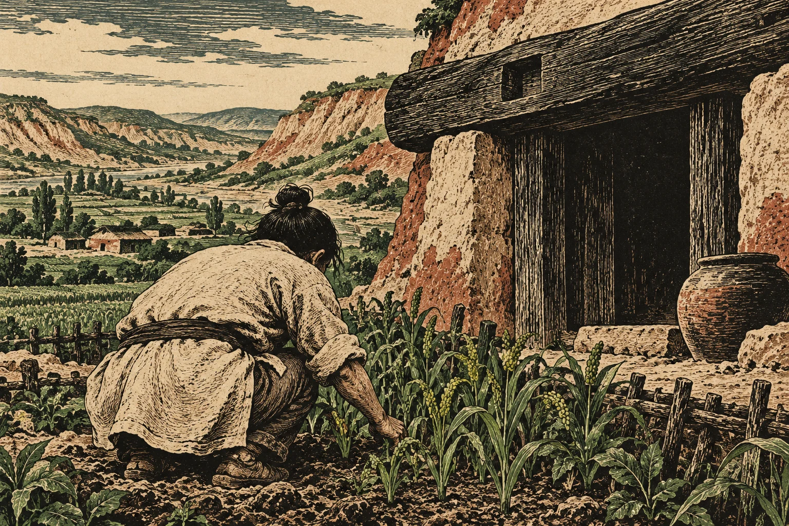 A person tends crops beside a rustic earthen dwelling overlooking a green valley with scattered houses and steep cliffs, depicted in a vintage woodcut style.