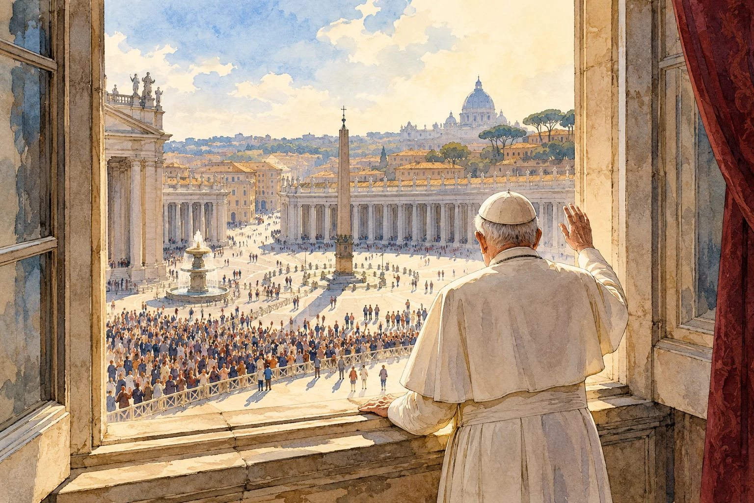 A watercolor depicts a pope waving from an open Vatican window to a crowd in sunlit St. Peter’s Square.