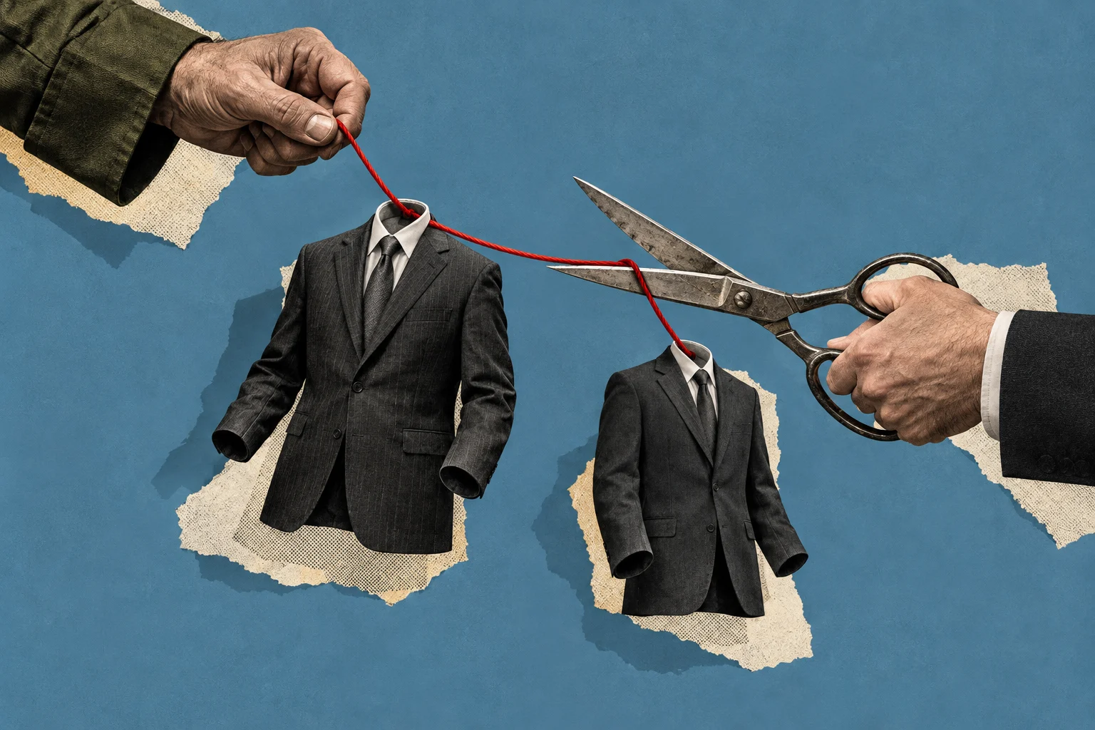 A collage shows one hand holding red string connecting two headless suit jackets while another hand holds large scissors poised to cut the string.