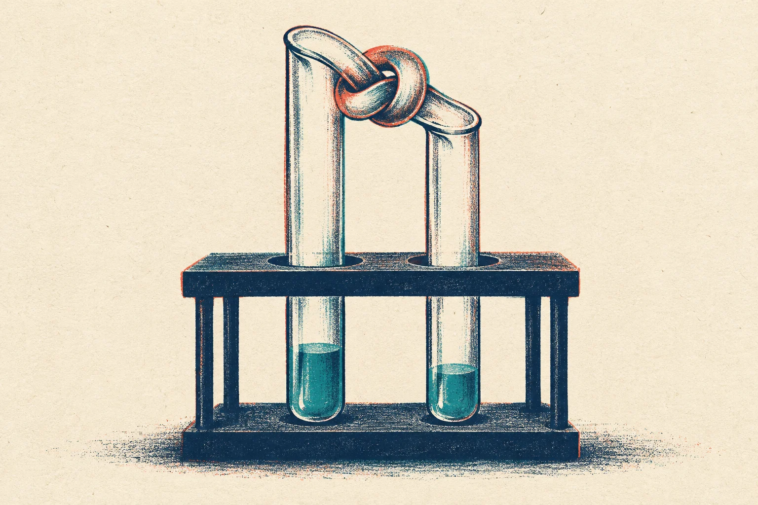 Two glass test tubes holding teal liquid stand in a dark rack, their bent upper ends intertwined in a knot, illustrated on textured cream paper.