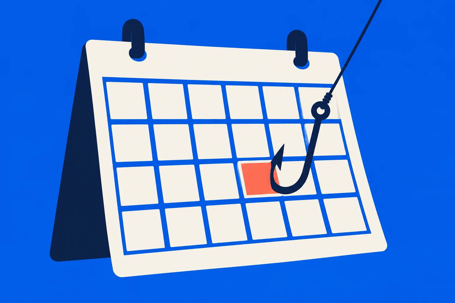 A fishing hook hangs over a cream desk calendar with blank squares and one coral highlighted day against a bright blue background.