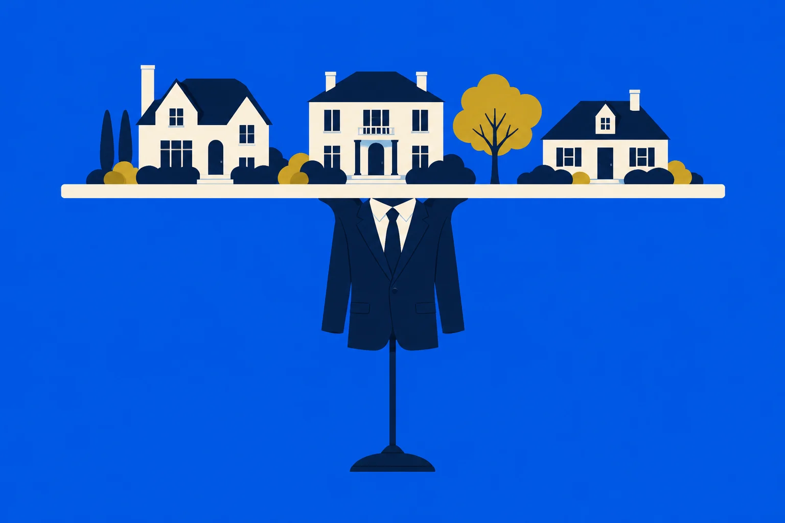 Three houses and landscaping sit on a long platform above a headless navy suit on a stand against a bright blue background.
