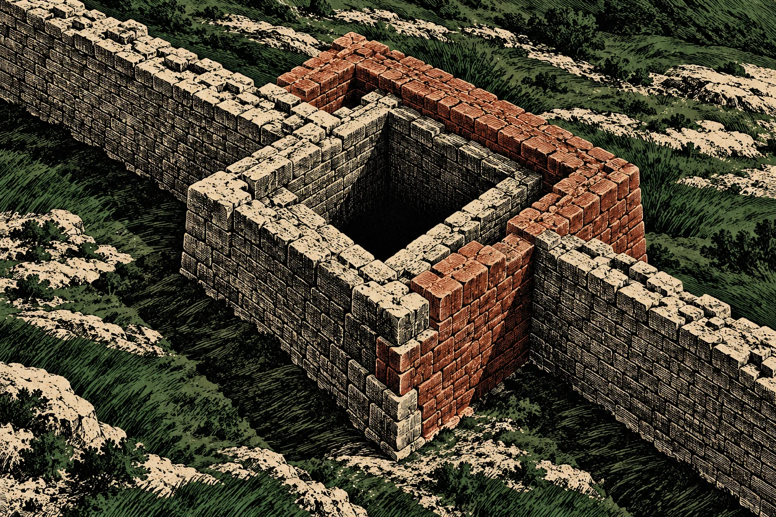 An engraved-style illustration shows intersecting stone walls surrounding a deep square enclosure, with reddish brick sections amid grassy, rocky terrain.