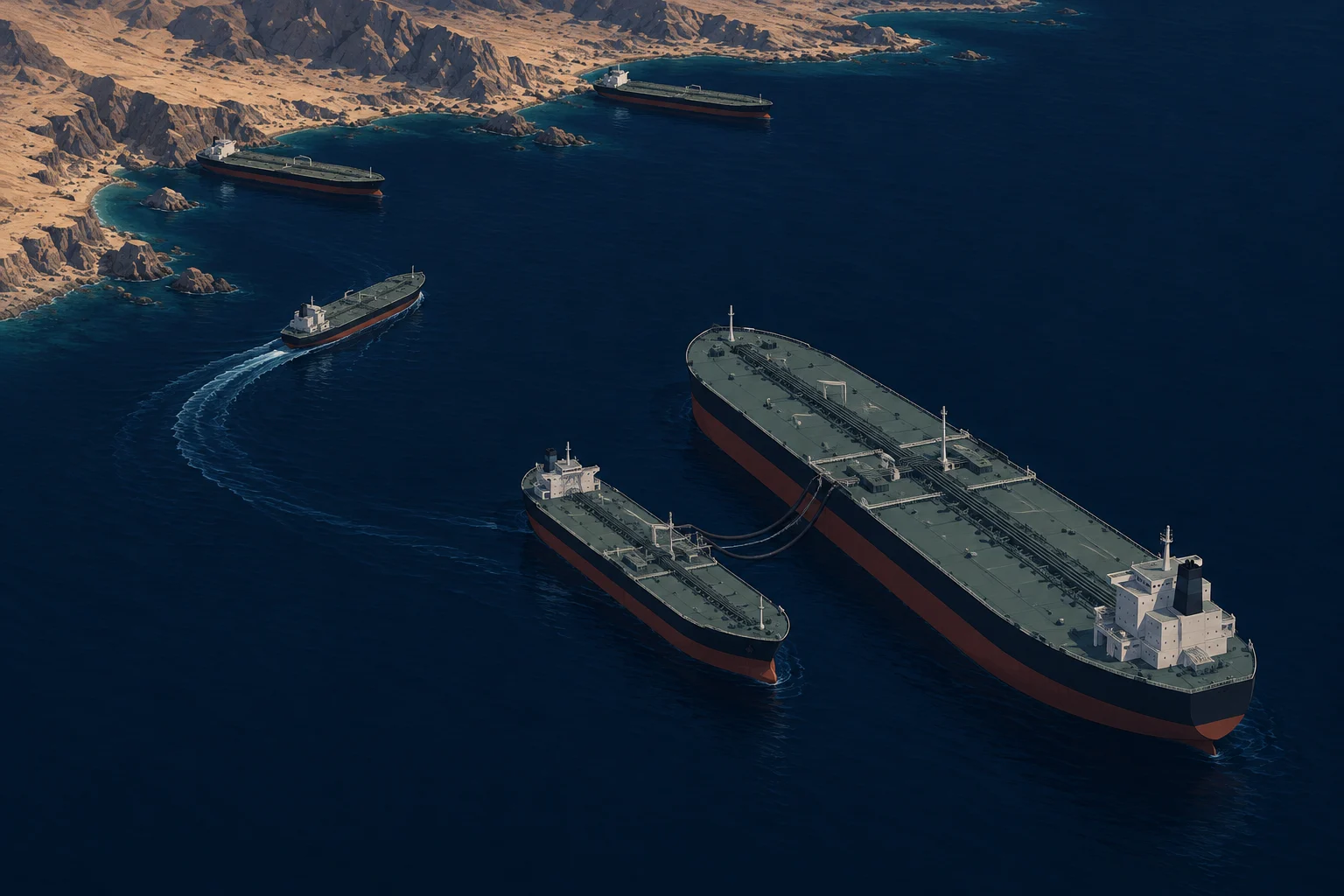 Five oil tankers float near a rocky desert coastline, with hoses connecting a smaller tanker to the largest ship and a curved wake behind another.
